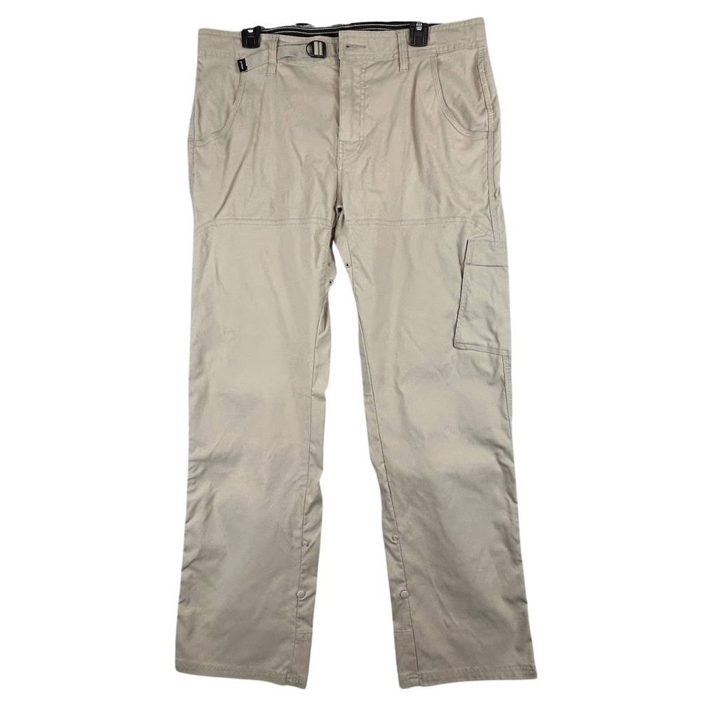 Prana Zion Mens Tan Khaki Stretch Hiking Climbing Cargo Pants 36x30 Snap Cuff